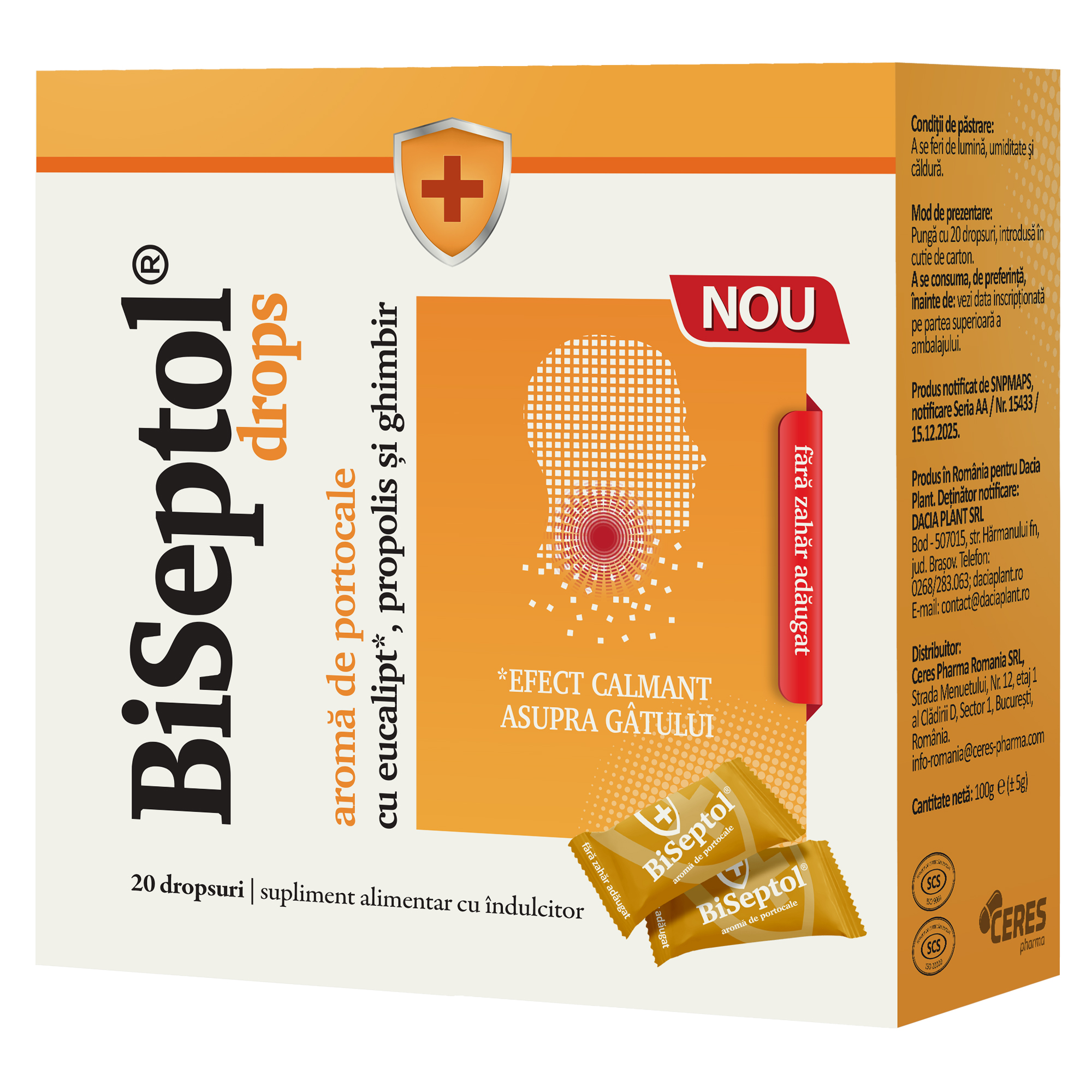 BiSeptol drops, aroma de portocale, 20 bucati, Dacia Plant