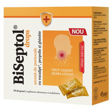 BiSeptol drops, aroma de portocale, 20 bucati, Dacia Plant