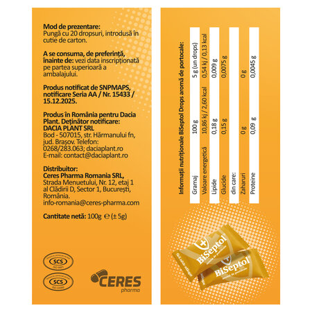 BiSeptol drops, aroma de portocale, 20 bucati, Dacia Plant 768505