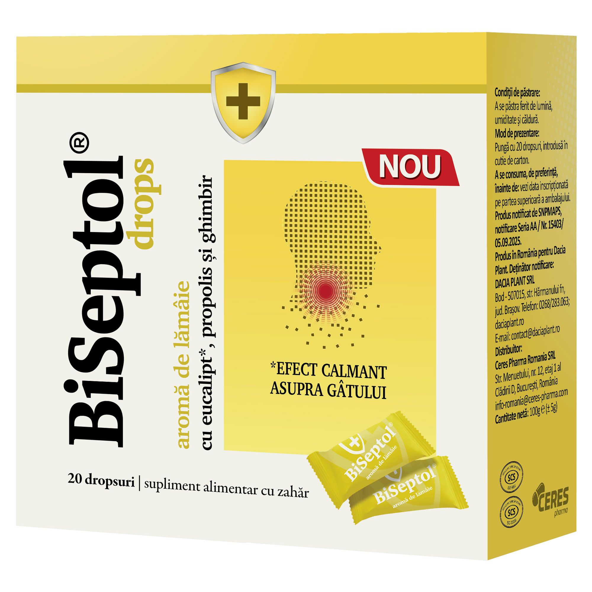 BiSeptol drops, aroma de lamaie, 20 bucati, Dacia Plant