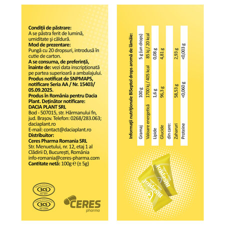 BiSeptol drops, aroma de lamaie, 20 bucati, Dacia Plant 768512