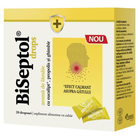 BiSeptol drops, aroma de lamaie, 20 bucati, Dacia Plant