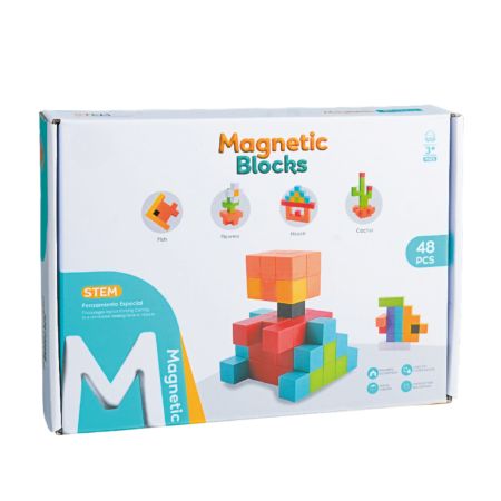 Joc de logica STEM cu piese magnetice, 3D, 3 ani+, 48 piese, Bufnitel