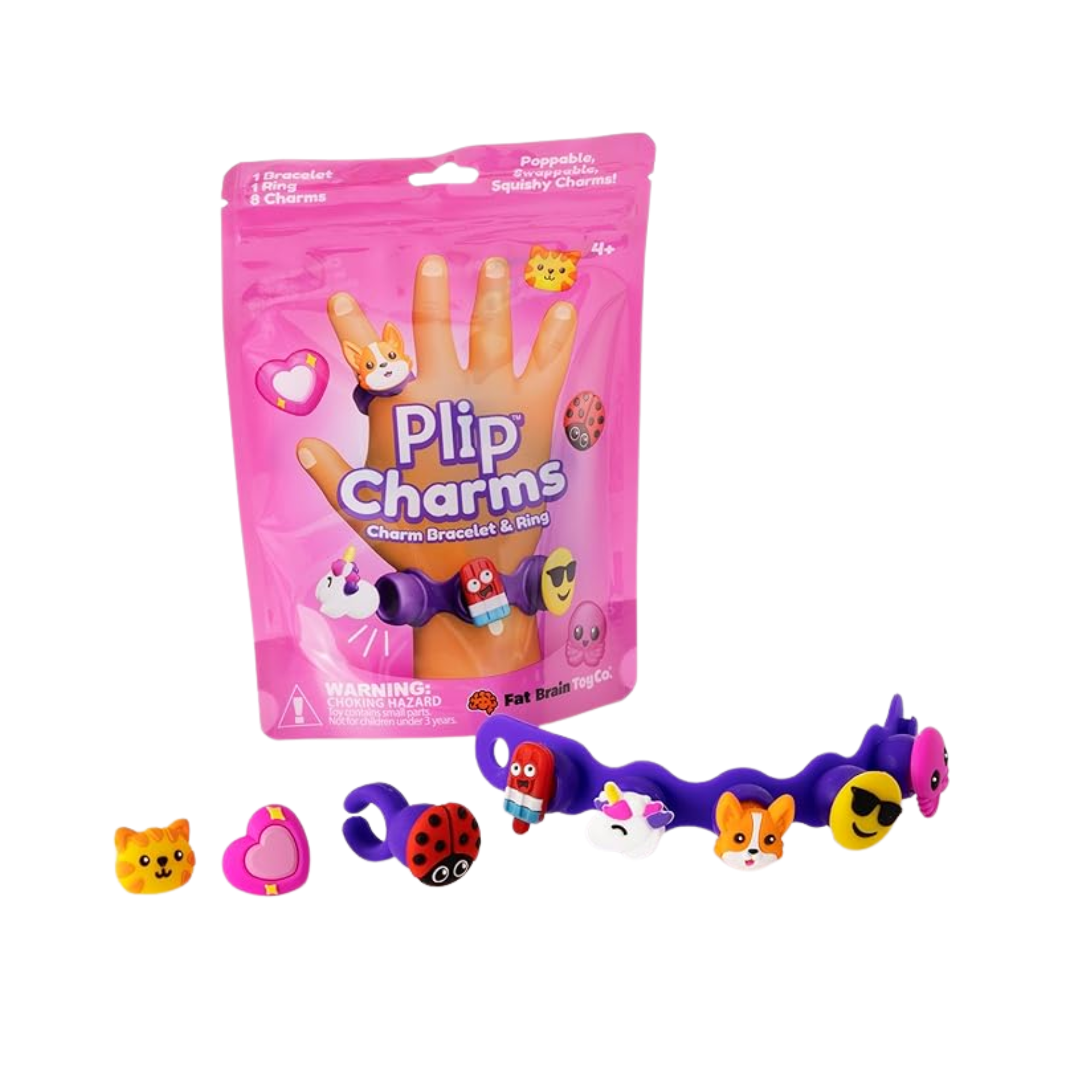 Set bratara si inel cu talismane pop-it Plip Charms, Roz, 4 ani+, Fat Brain