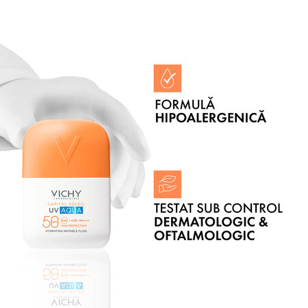 Fluid hidratant colorat SPF 50 Capital Soleil Uv Aqua, Invizibil, 50 ml, Vichy 770135