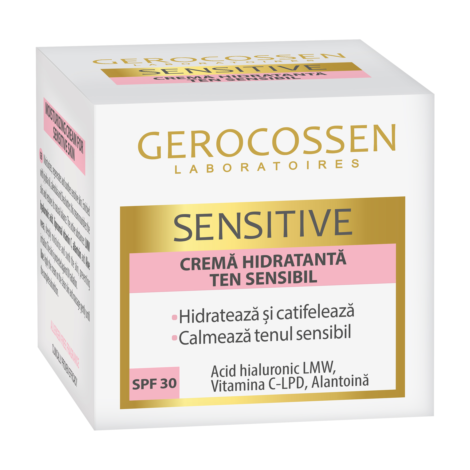 Crema hidratanta pentru ten sensibil cu Acid Hialuronic, Vitamina C si Alantoina Sensitive, SPF 30, 50 ml, Gerocossen