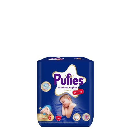 Scutece chilotel de noapte Supreme night, Nr.6, 15+ kg, 26 buc, Pufies