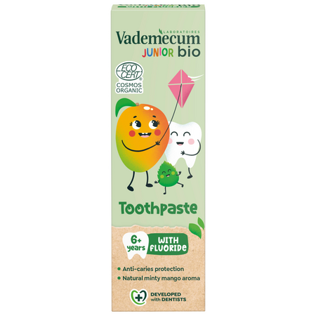 Pasta de dinti bio cu fluor pentru copii, aroma naturala de menta si mango, 6 ani+, 50 ml, Vademecum