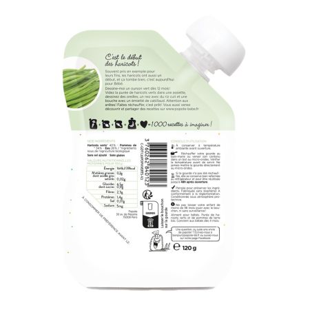 Piure Bio cu 40% fasole verde, 4-6 luni, 120 g, Popote 772791