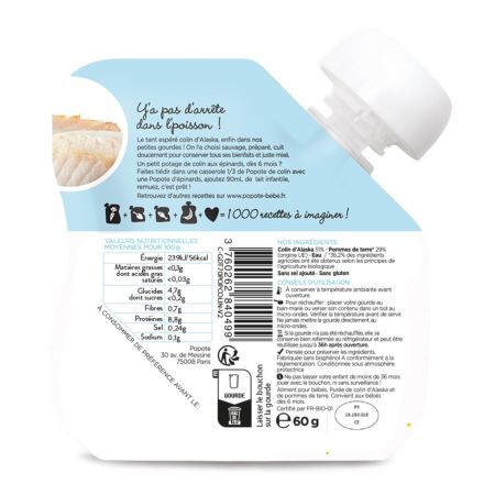 Piure Bio cu 51% peste Coley din Alaska, 4-6 luni, 60 g, Popote 772948