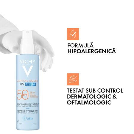 Spray hidratant pentru fata si corp cu protectie solara SPF 50 Capital Soleil UV Aqua, 200 ml, Vichy 773582