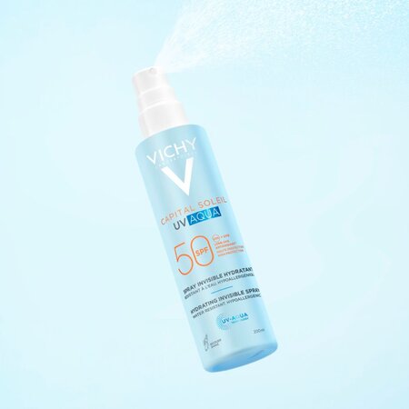 Spray hidratant pentru fata si corp cu protectie solara SPF 50 Capital Soleil UV Aqua, 200 ml, Vichy 773588