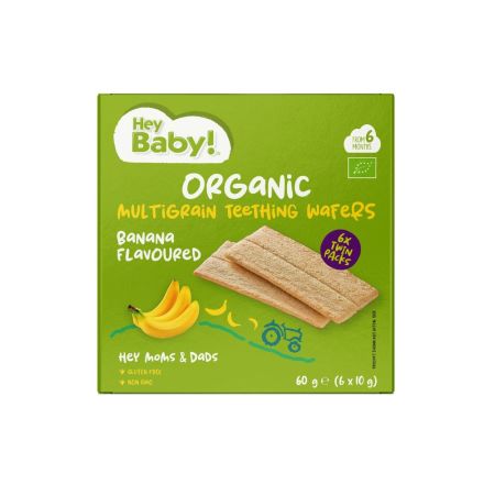 Crackers Bio pentru dentitie, cu banane, 6 luni+, 60 g, Hey Baby
