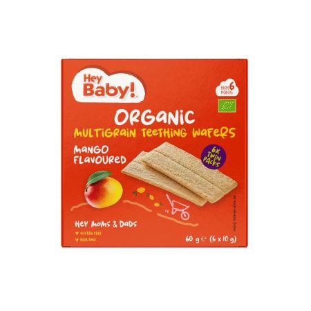 Crackers Bio pentru dentitie, cu mango, 6 luni+, 60 g, Hey Baby