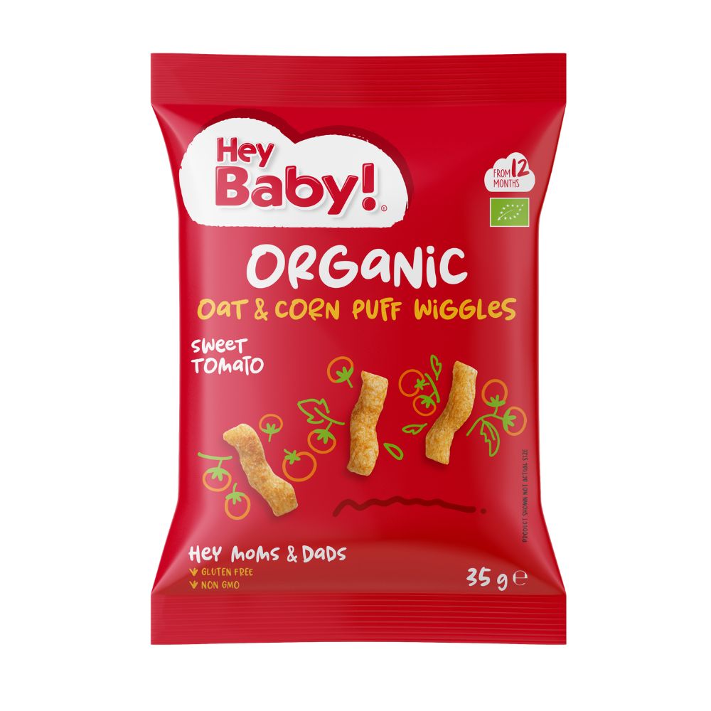 Pufuleti Bio din ovaz cu porumb si aroma de rosii, 12 luni+, 35 g, Hey Baby