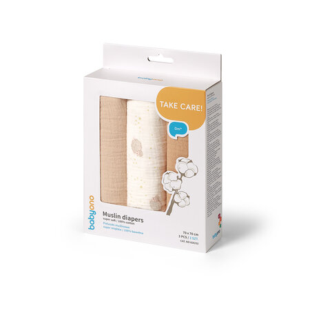 Scutece creponate din muselina, 70x70 cm, Beige, 3 bucati, Babyono 774480