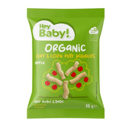 Pufuleti Bio din ovaz cu porumb si aroma de mere, 12 luni+, 35 g, Hey Baby