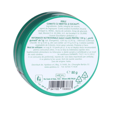 Perle gumate cu Mentol si eucalipt, 50 g, Apidava 774661