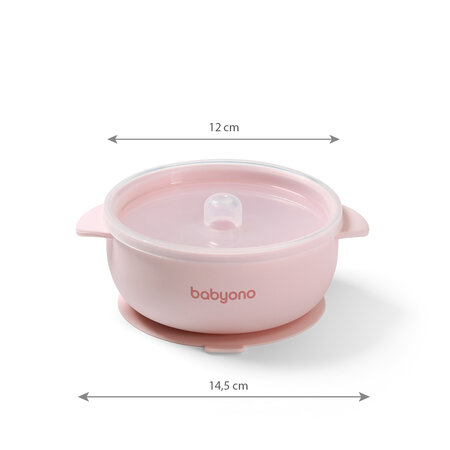 Bol din silicon cu ventuza si capac, Roz, 6 luni+, Babyono 775000