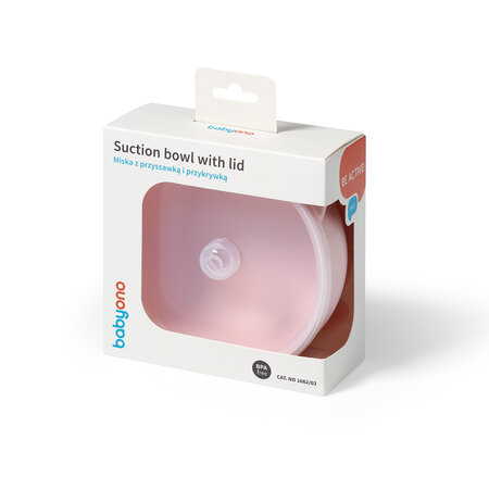 Bol din silicon cu ventuza si capac, Roz, 6 luni+, Babyono 775001