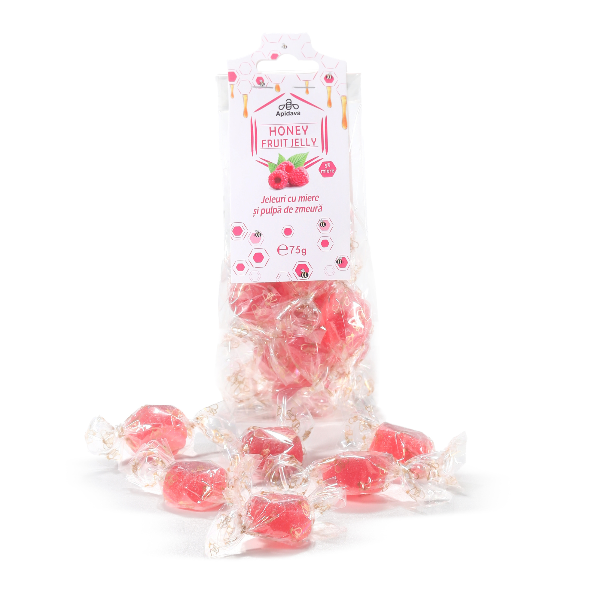 Jeleuri cu 5% miere si pulpa de zmeura, 75 g, Apidava
