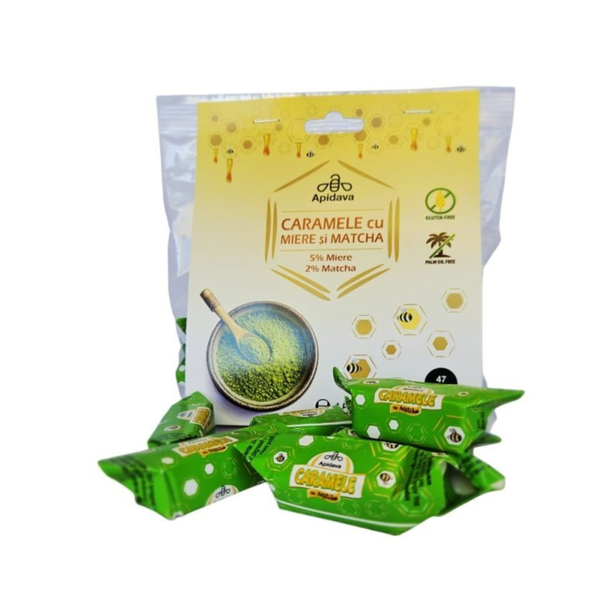 Caramele cu miere si matcha 2%, 150 g, Apidava