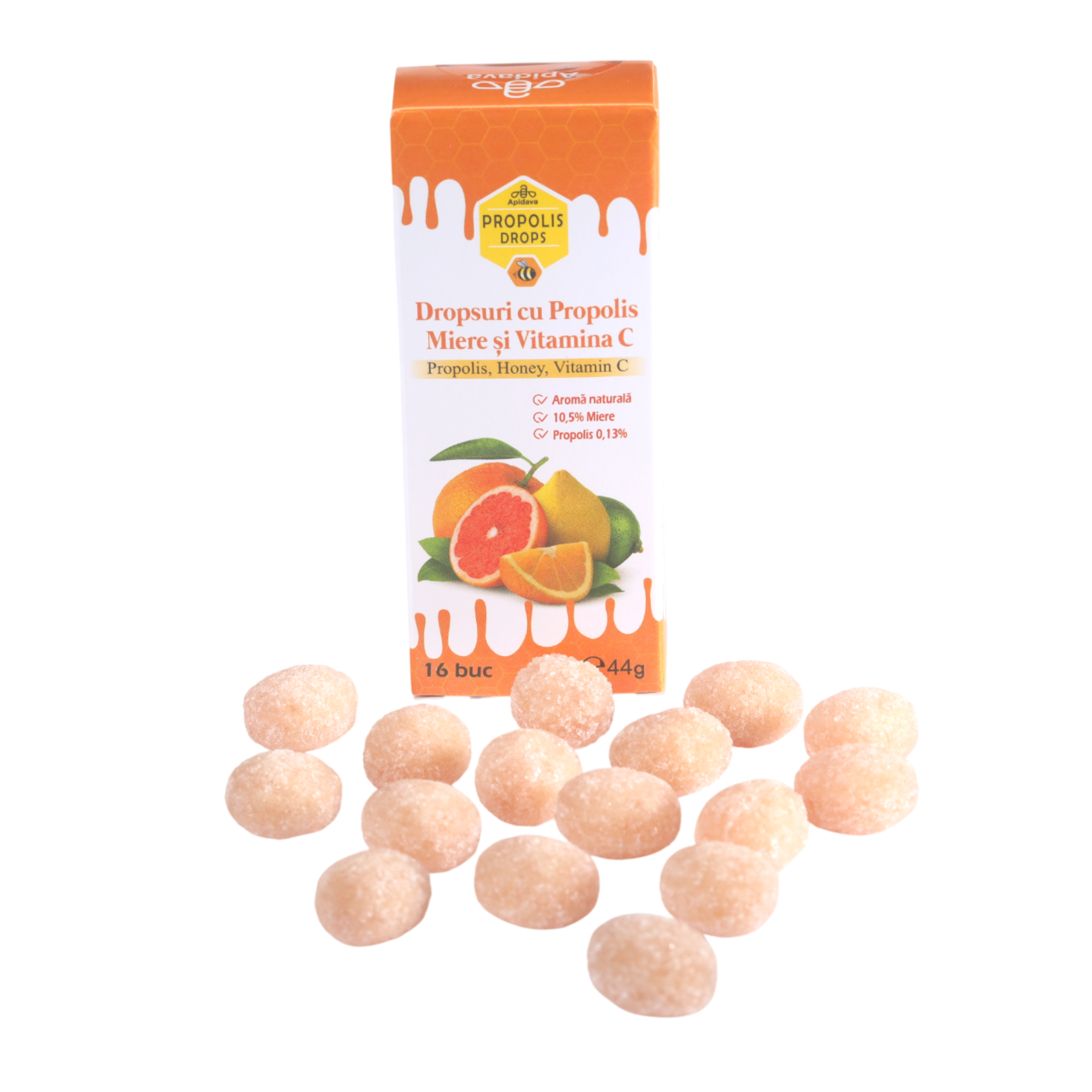 Dropsuri cu Propolis, miere, vitamina C si citrice, 44 g, Apidava