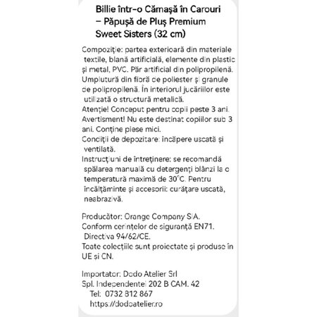 Papusa de Plus Premium Sweet Sisters, 32 cm, Billie intr-o Camasa in Carouri, 3 ani+, Orange Toys 775418