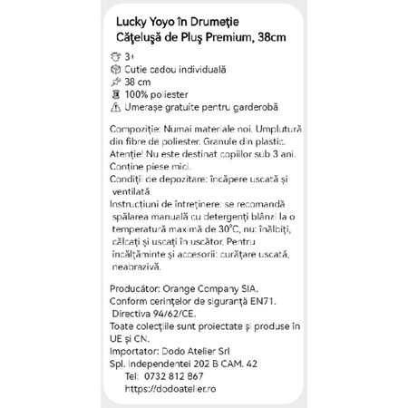 Catelusa de Plus Premium Lucky Doggy, 38 cm, Lucky yoyo in drumetie, 3 ani+, Orange Toys 775469