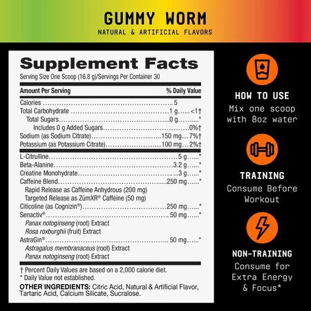 Pre-Workout cu aroma de jeleuri Beyond Raw, 504 g, Gnc 776624