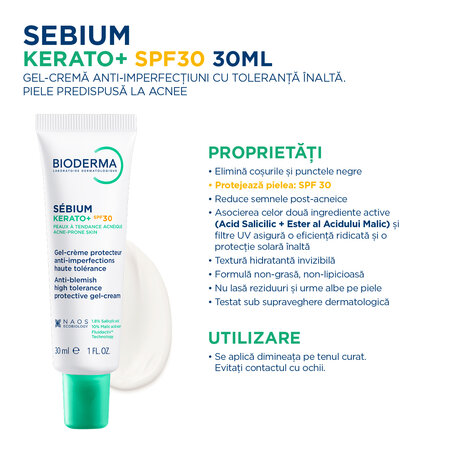 Gel crema anti-imperfectiuni SPF30 Kerato+, 30 ml, Bioderma 777892