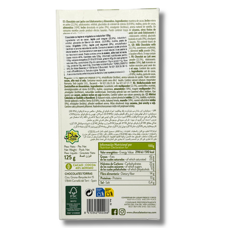 Ciocolata cu lapte si migdale cu indulcitor, 125 g, Torras 779012