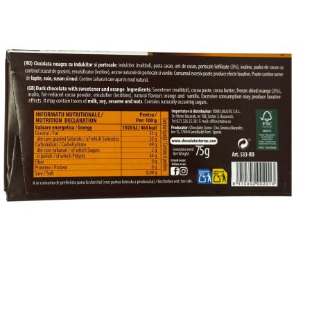 Ciocolata neagra cu indulcitor si portocale, 75 g, Torras 779015