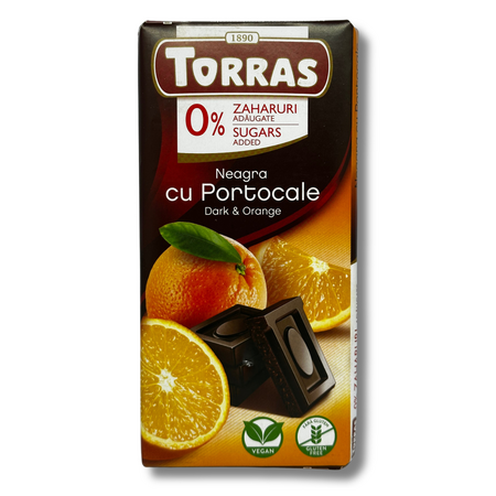 Ciocolata neagra cu indulcitor si portocale, 75 g, Torras