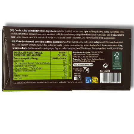Ciocolata alba cu indulcitor si kiwi, 75 g, Torras 779017