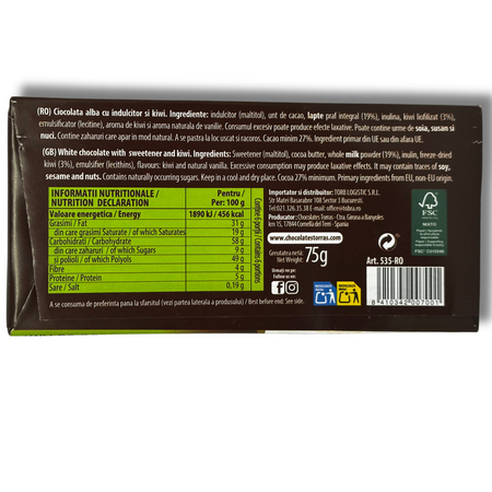 Ciocolata alba cu indulcitor si kiwi, 75 g, Torras 779017