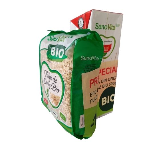 Pachet fulgi de ovaz bio 500g + Bautura din orez 1L, Sanovita