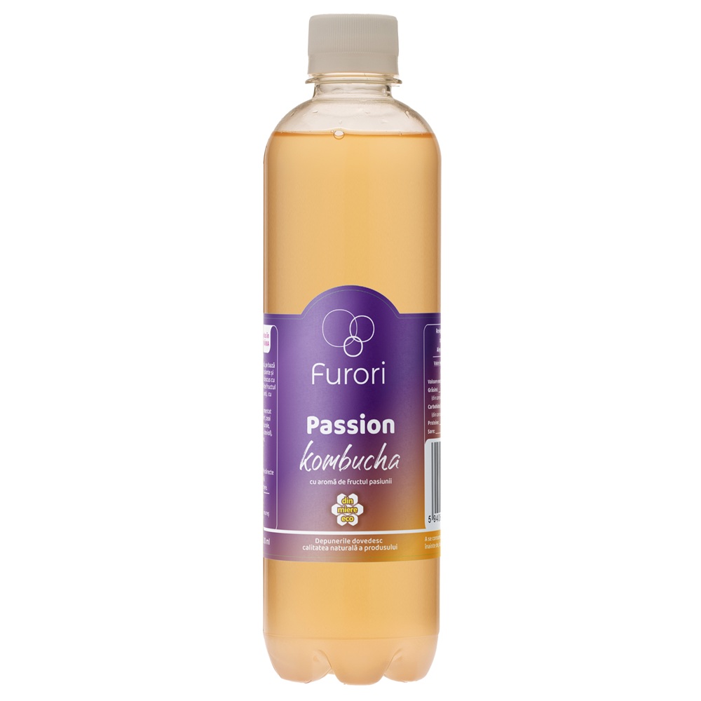Bautura carbogazoasa pe baza de ceai Kombucha, Fructul Pasiunii, 500 ml, Furori