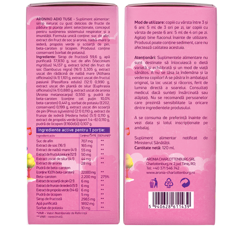 Sirop pentru copii Adio Tuse Aroninos, + 3 ani, 120 ml, Aronia Charlottenburg 781120