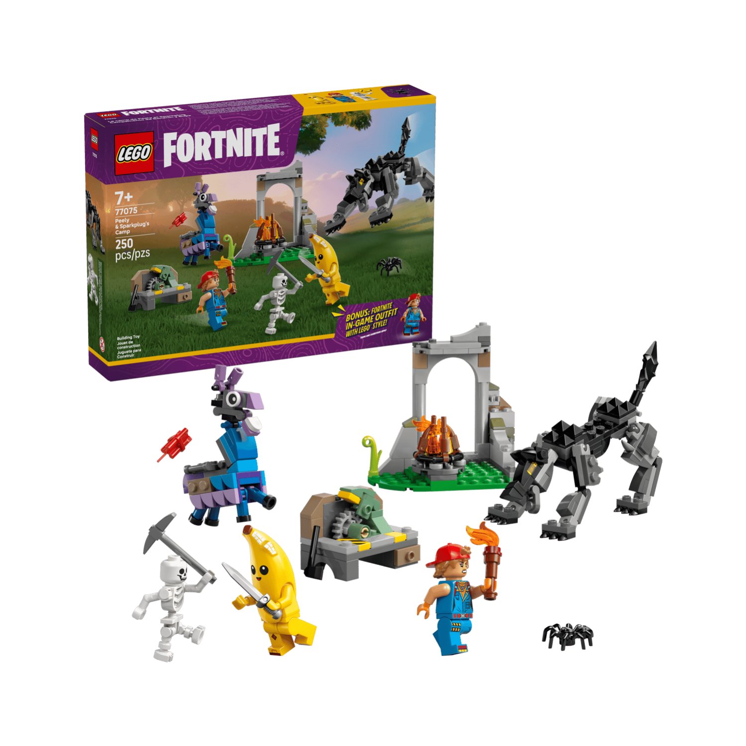 Tabara lui Peely si Sparkplug, 7 ani+, 77075, 250 piese, Lego Minecraft