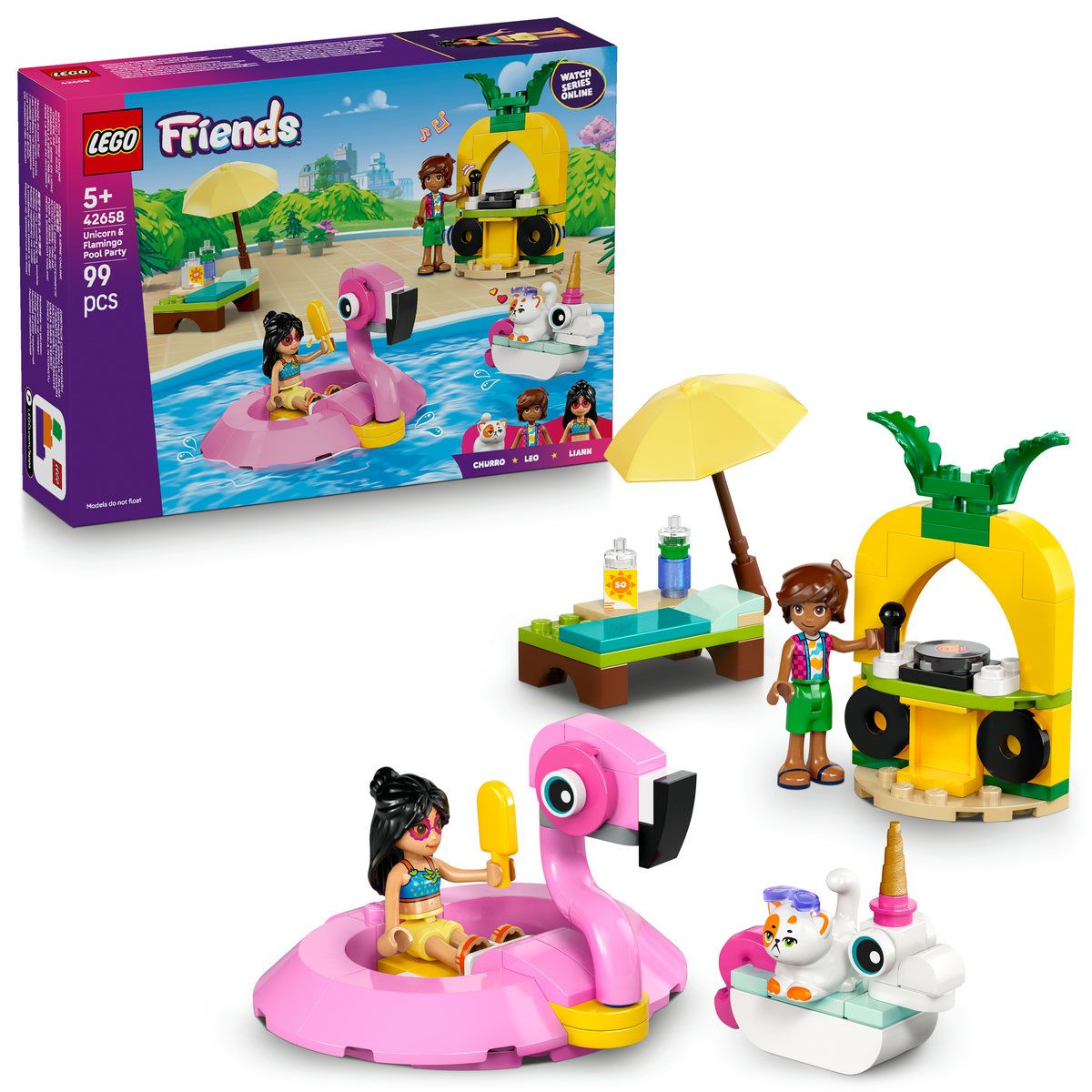 Petrecere la piscina cu unicornul si flamingo, 5 ani+, 42658, 99 piese, Lego Friends