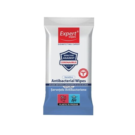 Servetele umede antibacteriene, Sensitive, 15 bucati, Expert Wipes