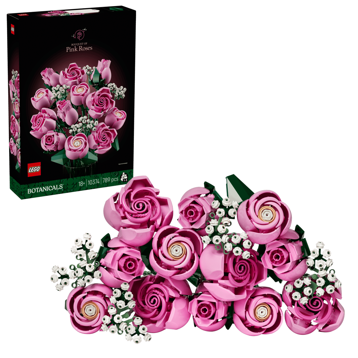 Buchet de trandafiri roz Botanicals, +18 ani, 10374, 789 piese, Lego