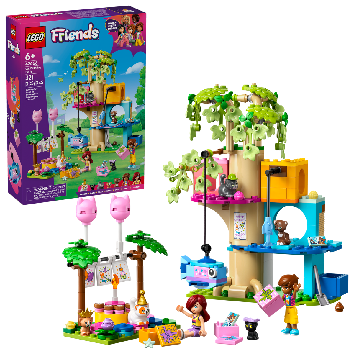 Petrecere de ziua de nastere a pisicii si casuta din copac Friends, 6 ani+, 42666, 321 piese, Lego