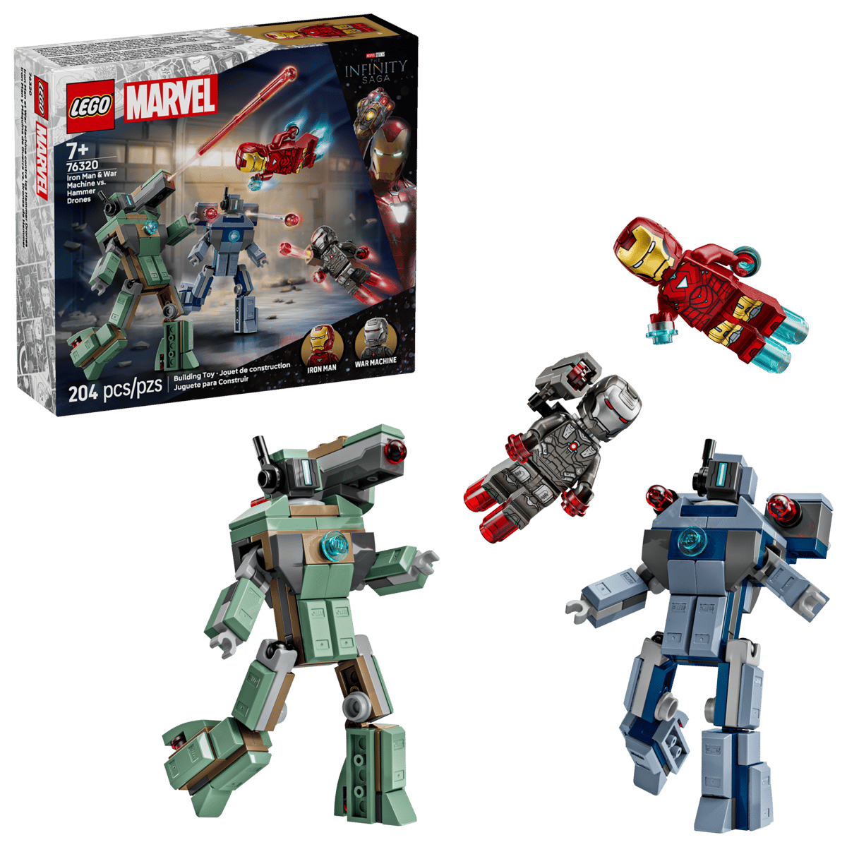 Iron Man si War Machine vs Dronele Hammer Marvel, +7 ani, 76320, 204 piese, Lego