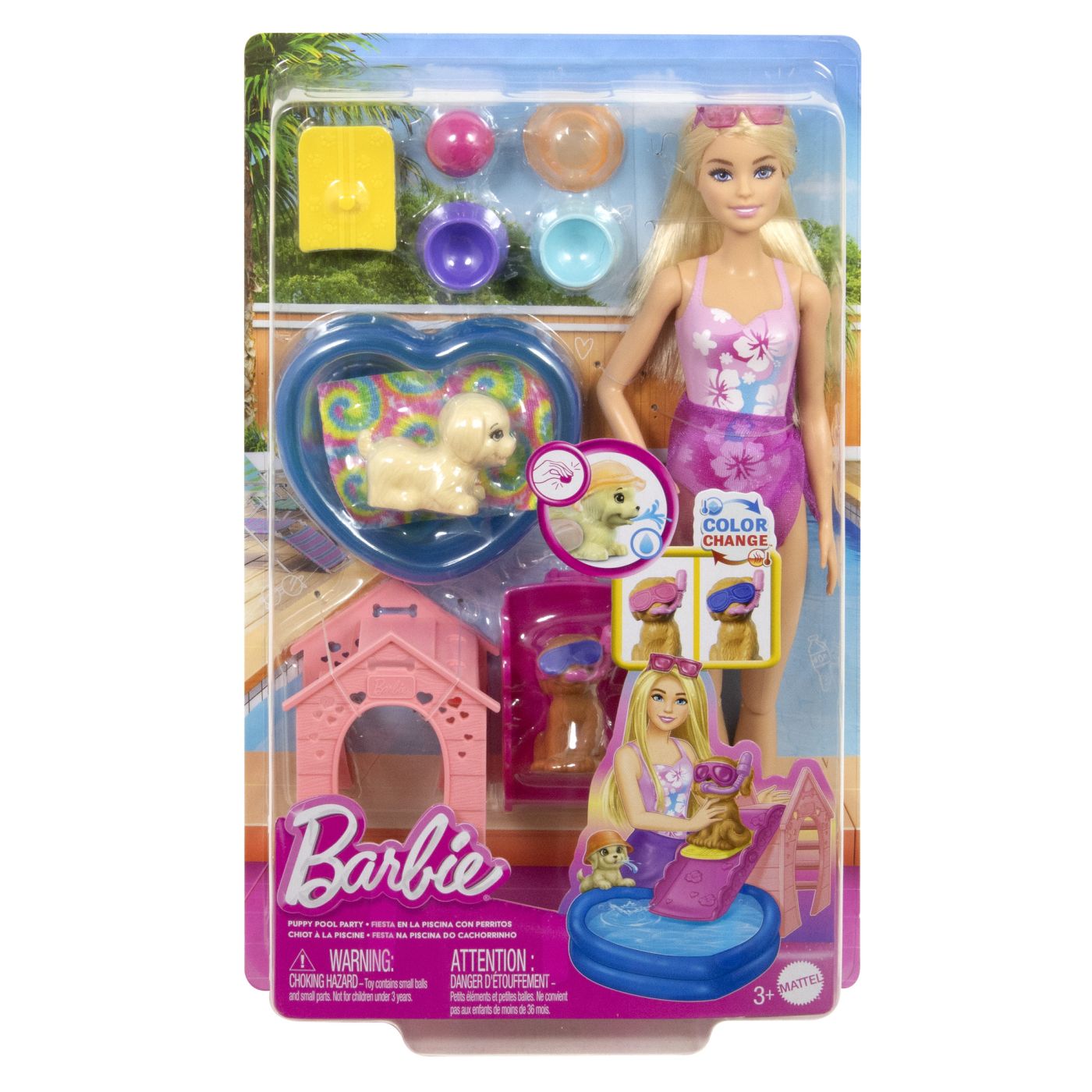 Papusa Barbie, Petrecerea Catelusului la Piscina, 3 ani+, Mattel