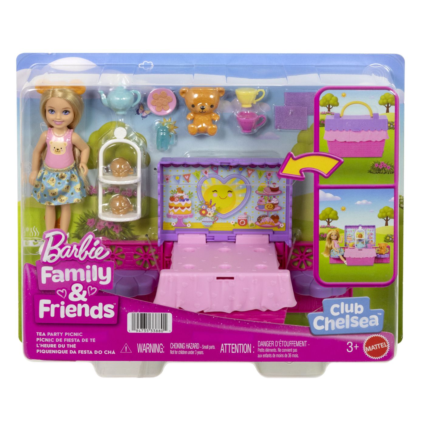 Papusa Barbie Family and Friends, Clubul lui Chelsea petrecere cu ceai surpriza, 3 ani+, Mattel