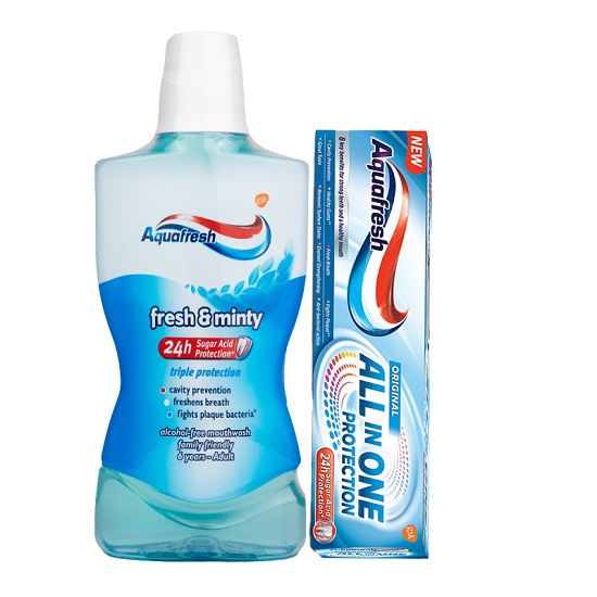 Pachet Pasta de dinti All in One Whitening 75 ml si Apa de Gura Fresh & Minty 500 ml, Aquafresh