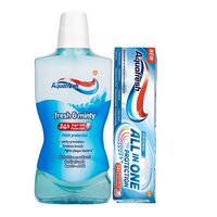 Pachet Pasta de dinti All in One Whitening 75 ml si Apa de Gura Fresh & Minty 500 ml, Aquafresh