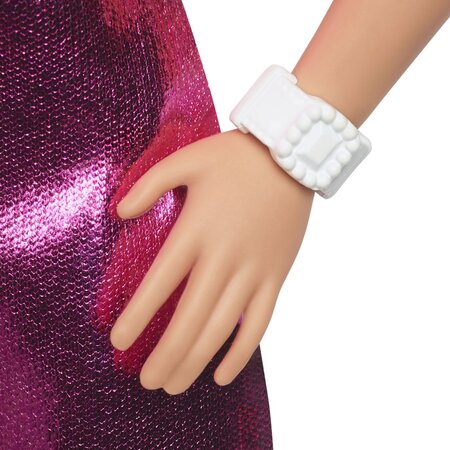 Papusa Barbie, Fashionistas blonda cu rochita roz metalica, 3 ani+, Mattel 784665